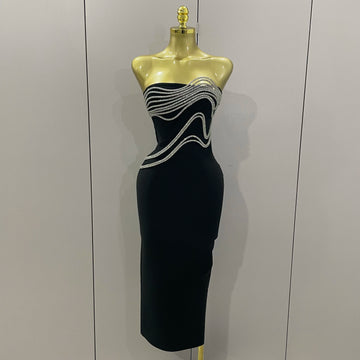 Sexy Strapless Diamond Lines Bodycon Bandage Long Dress 2025 Women Celebrity Red Carpet Elegant Evening Birthday Party Dresses