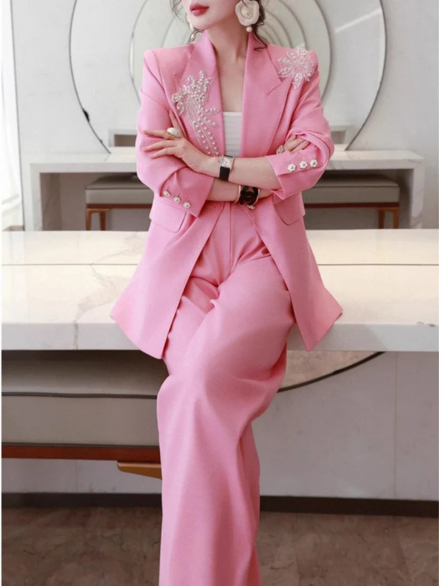 TWOTWINSTYLE Solid Spliced Appliques Two Piece Sets for Women Lapel Long Sleeves Patchwork Button Top High Waist Pant Set Female