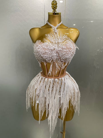 Sexy Pearl Sequins Tassel Sleeveless Glitter Mini Dress Women Singer Bar Nightclub Stage Performance Clothing Show Outfit