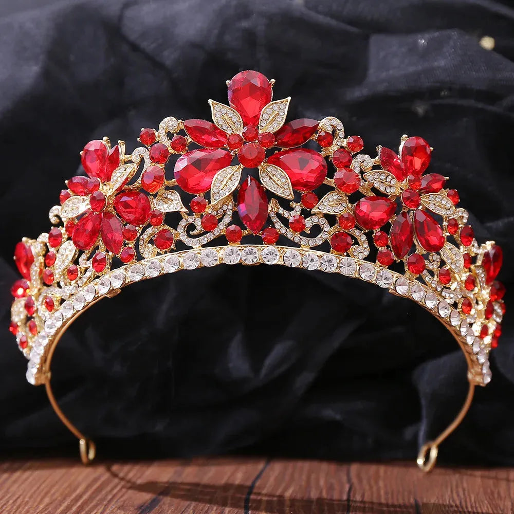 Baroque Crystal Crown Tiara For Women Bride Rhinestone Prom Princess Diadem Bridal Wedding Hair Accessories Jewelry Crown Tiara Red