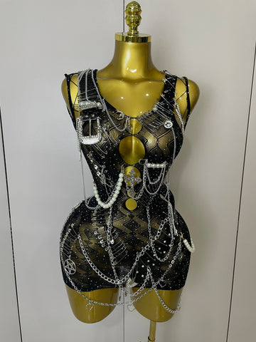 STOCK Sexy Fashion Pin Decoration Fringe Beading Short Party Dress 2025 Women Hollow Out Nightclub Performance Singer Costume