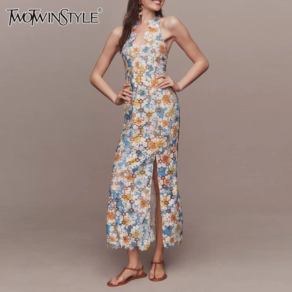 Colorblock Hollow Out Spliced Printing Elegant Dresses for Women Halter Neck Sleeveless Split Dress Female Fashion