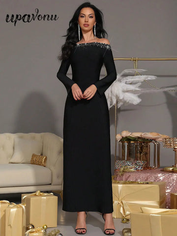 2025 Elegant Women's Hot Diamond Design Bandage Dress with One Collar Long Sleeve Slimming Long Dresses Evening Party Vestitos