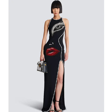 Big Eyes And Red Lips Patterned Diamonds High Slit Black Long Dress Woman Birthday Party Vestido  Celebrity Party Outfit