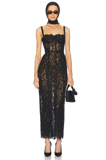 New Summer Black Women Sleeveless Sexy Strap Square Collar Lace Bodycon Mid-calf Dress Evening Party Celebrate Birthday Wear