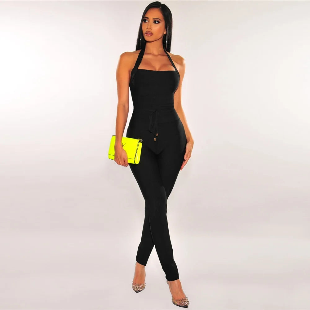 STOCK Sleeveless Halter Package Hips Badycon Bandage Jumpsuit Fashion Woman High Street Wear Nightclub Party Outfit