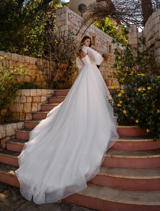 Vestido de novia de lujo con mangas abullonadas, corte A, estilo princesa, encaje, tul, escote corazón, largo hasta el suelo, estilo bohemio 