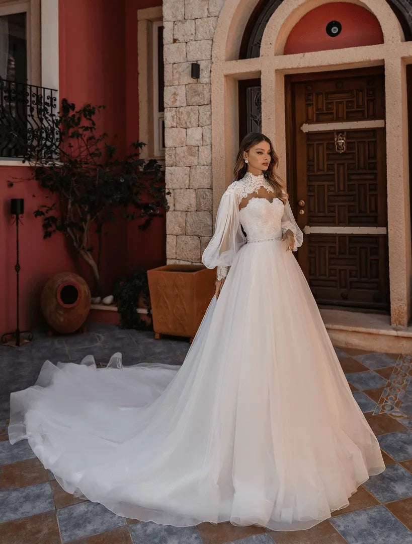 Luxury Puff Sleeve A-line Wedding Dress for Bride Princess Lace Tulle Sweetheart Floor Length Bridal Gown Boho Vestidos champagne