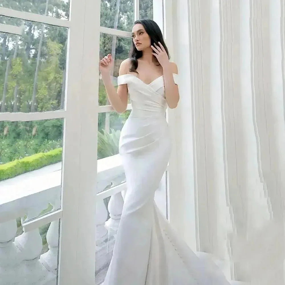 Elegant Wedding Dresses Women Off The Shoulder Mermaid Bride Dress Button Wedding Gowns With Detachable Train Mermaid