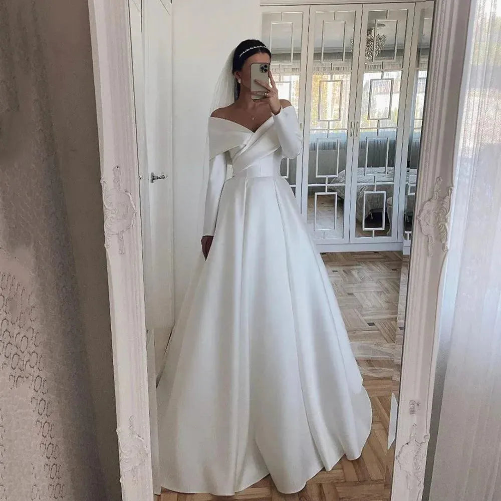 Satin Wedding Dresses With Long Sleeves Dubai Elegant Bride Dress A-Line White/Ivory Bridal Gowns vestidos de novia Satin