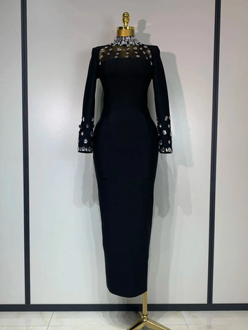 Luxury Birthday Dresses Sparkly Diamond Long Sleeve Black Bodycon Bandage Dress Women Wedding Evening Club Party Prom Gowns
