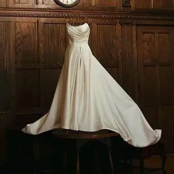 Strapless Satin Wedding Dresses A Line Pleats Bride Dress Elegant One Shoulder Sleeveless Wedding Gowns Ivory Satin