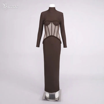 VC Sophisticated Brown High-Neck Long Sleeves Dress with Sheer Mesh Corset Accent for Party Evening Gown
