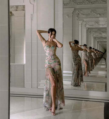 Print Flowers Color Women Sexy Halter Off the Shoulder Bodycon Long Maxi Dress Beach Style Vacation Birthday Party Outfit