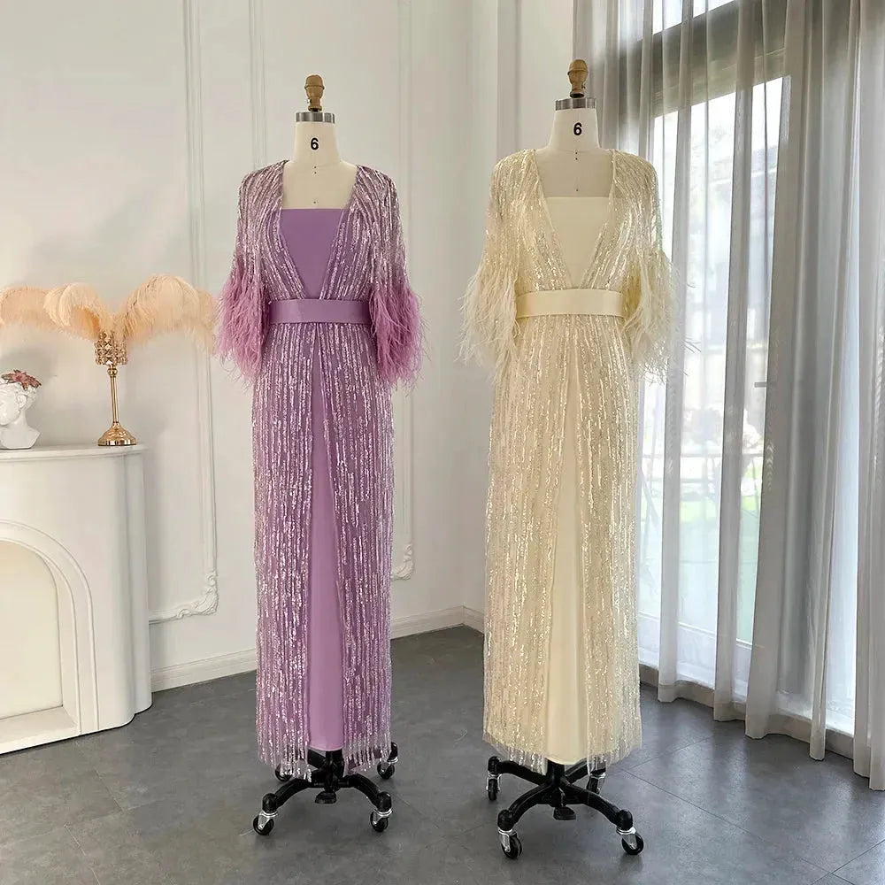 Light Yellow Luxury Dubai Feathers Evening Dresses for Women Wedding Party Arabic Purple Formal Prom Gowns Evening Dress