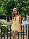 Sexy Yellow V Neck Pleated Off-the-shoulder Mini Dress Chic Sleeveless Backless Strsp Gown New Lady Summer Party Club Vestidos