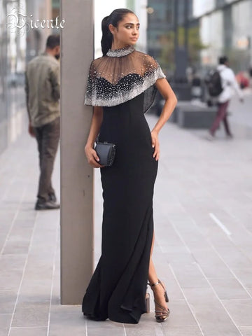 VC Luxury Sheer Beaded Mesh Cape Black Maxi Strapless Sleeveless Dress for Formal Events Gown