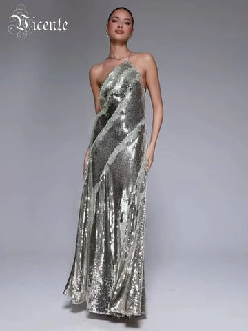 VC Starry Silver Sequin Strappy Backless Sleeveless with Ruffle Mesh Details Dressfor Party Glamour Gown