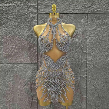 Women Sleeveless Sexy Off the Shoulder Shinning Crystal Bodycon Mini Dress Mesh See Through Celebrate Nightclub Party Stage Wear