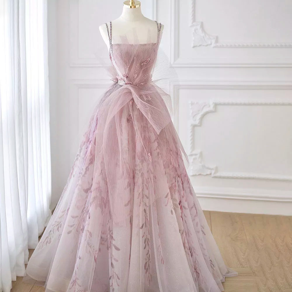 Robe de soirée longue en Tulle à fleurs lilas, bretelles Spaghetti, dos nu, robes de bal formelles pour fête de mariage 