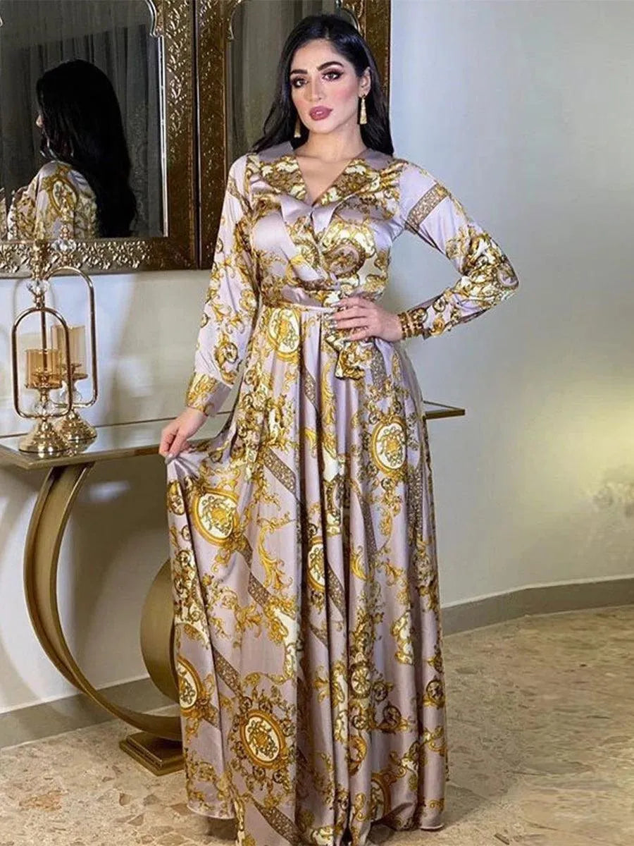 Fashion Party Muslim Woman Dress Casual Printing Sashes V-Neck Full Sleeve Chic Ethnic Abaya Female Dubai Long Clothing
