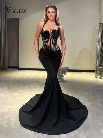 VC Glamorous Black Halter Sequin Flower Mesh Top Mermaid Dress for Galas Evening Gown