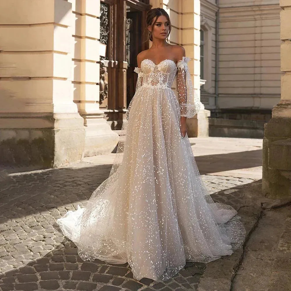 Sexy Sweetheart Strapless Puff Sleeves A-Line Wedding Dresses For Bride Backless Glitter Dot Tulle Robe De Marié 14W