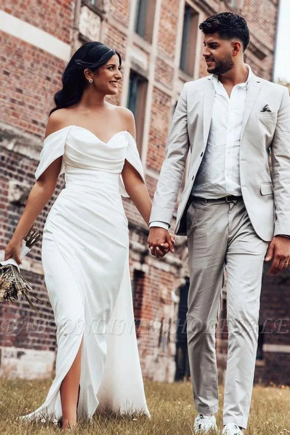 MisShow Women Simple White Satin Wedding Dresses Mermaid Split Off The Shoulder Ruched Evening Party Gowns Robe De Soiree