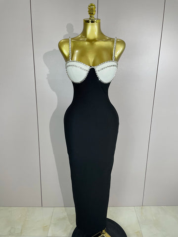 2025 Women Celebrity Sexy Backless Diamonds Patchwork Black Red Maxi Long Bodycon Bandage Dress Elegant Evening Club Party Dress