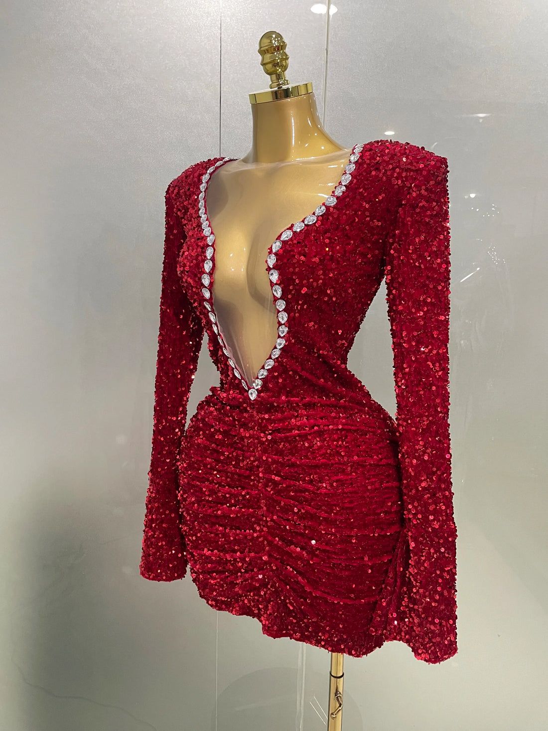 Sexy Shiny Red Sequins Rhinestones Sheath Mini Dress  New Women Evening Birthday Party Nightclub Stage Performance Costume