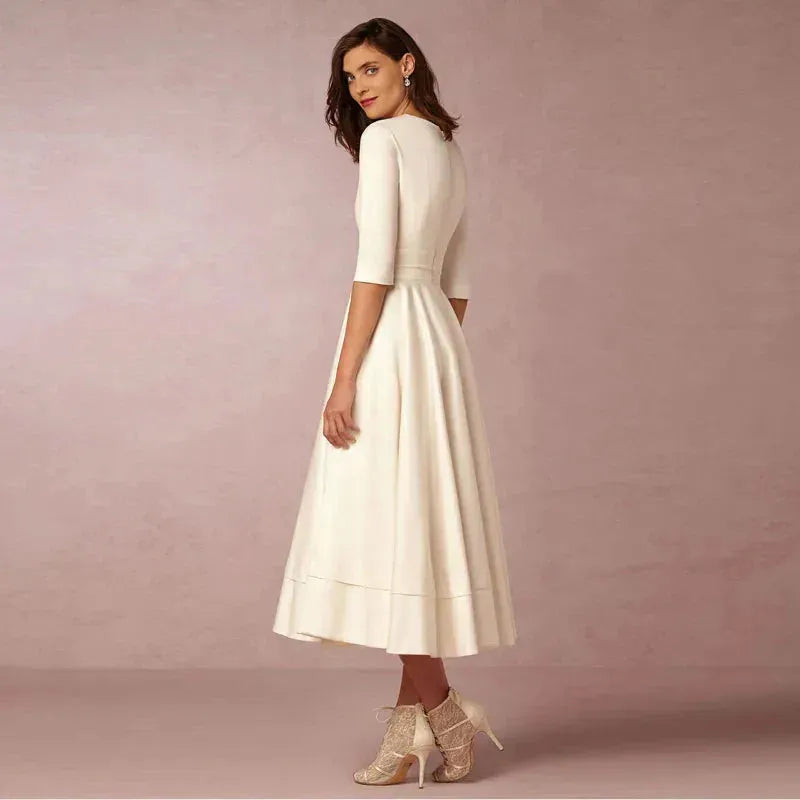 Elegant Satin Short Wedding Dresses Tea Length V Neck Half Sleeves Bride Dress Robe De Mariée A-line Simple White Satin