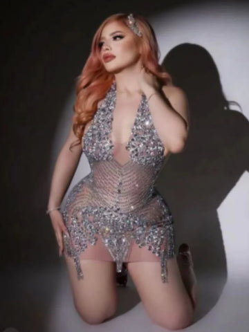 Women Sexy Halter Crystal Bodycon Mini Dress Celebrate Nightclub Party Performance Birthday Photo Shoot Dress