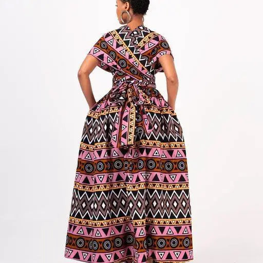 African Women Dress Dashiki Print Ankara Dresses Summer Sexy V-neck Backless High-waist Maxi Dress Kanga Clothing