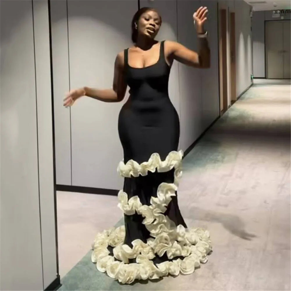 Women Sleeveless Sexy O-Neck Florals Floor-length Bandage Dress Celebrate Birthday Party Photo Shoot Evening Outfit