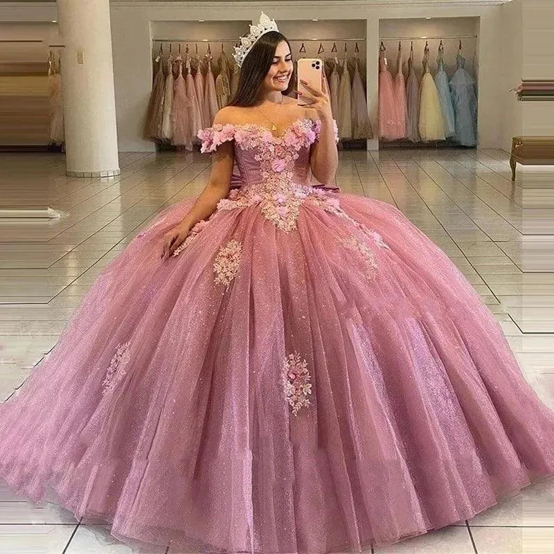 Quince Dress | Glittering Off-Shoulder Quinceanera Dress Flower Appliques Ball Gown Vestidos De 15 Birthday Party Gowns Corset Picture Pink
