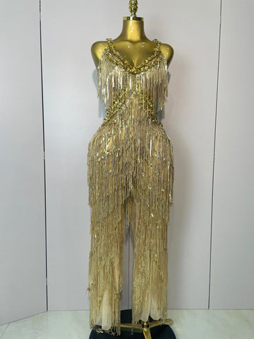 Shiny Gold Rhinestones Sequined Fringe Wide-leg jumpsuit  Women Sexy Night Party Club Outfit Singer Stage Perform Costume