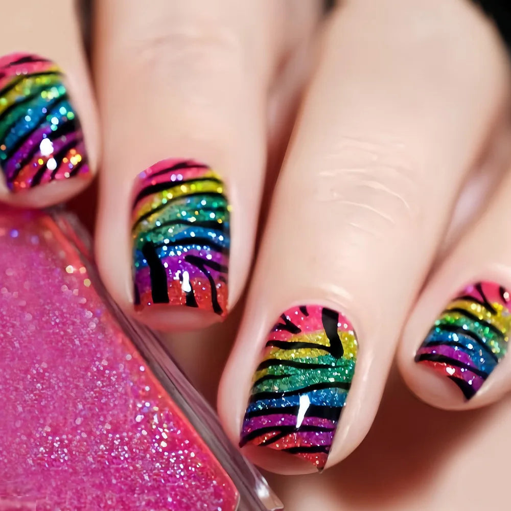 Medium long fake nails for women girls Y2K colorful gradient leopard print Pink green coffee coffin tips press on false nail set