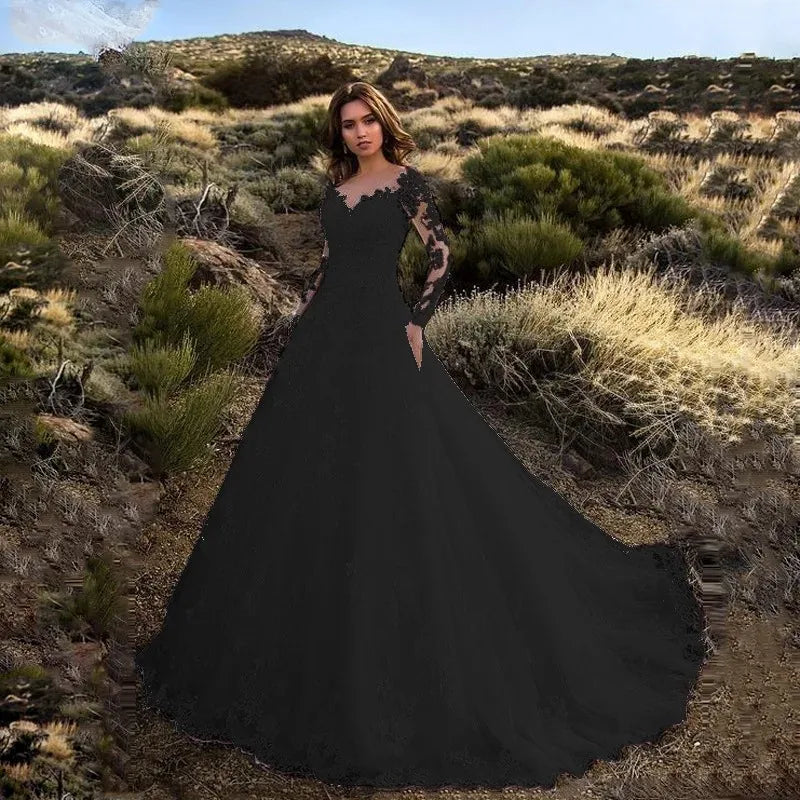 Vestido de novia de encaje con perspectiva de color sólido y manga larga estilo europeo y americano 