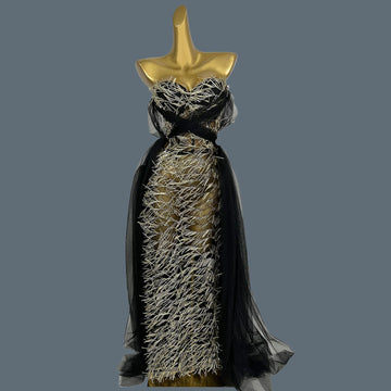 Sexy High-end See Through Mesh Evening Dress Suit Gold Sequins Black Dress Chiffon Long Dress Bar Special Design Outfit Ciwei