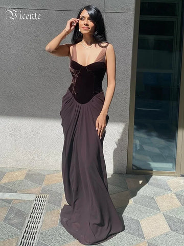 VC Chic Sleeveless Maxi Dress with Velvet Bodice and Chiffon Drape for Upscale Receptions Evening Gown