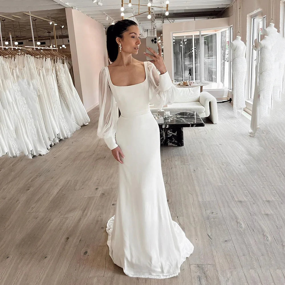 Dubai Simple Wedding Dresses For Woman Long Sleeves Square Neck Bride Gowns Long Bridal Gowns vestido de novia