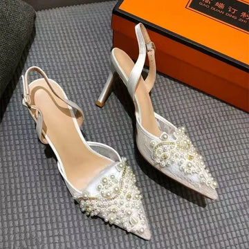 Luxuriöse Perlen Strass Satin Luftnetz Damen Pumps Sommer Elegante Spitz zulaufende Slingbacks Dünne High Heels Hochzeits-Party Schuhe