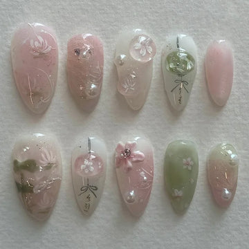 24pcs Sweet Almond Fake Nail Tips Hand-painted Flower Pearl Pattern Blush Pink Press On Nails Gentle Ins Style False Nails