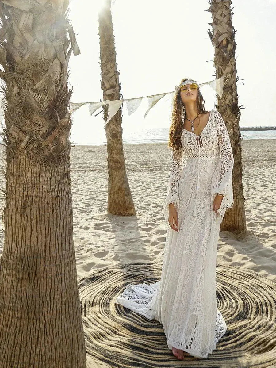 Vestido De Noiva Gypsy Beach Boho Wedding Dresses V Neck Bell Sleeve Backless Hollow Out Lace Bridal Gown свадебное платье Boho
