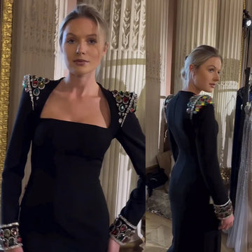 Luxury Colorful Diamonds Sexy Square Collar Black Bandage Dress  Fashion Woman Evening dress Celebrity Cocktail Party Outfit