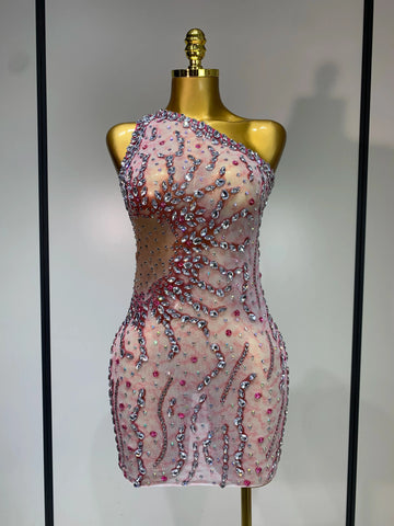 Women Sexy Mesh See Through Rhinestone Mini Dress Stage Dancer One Shoulder Stretch Night Club Party Birthday Dress Stage Outfit
