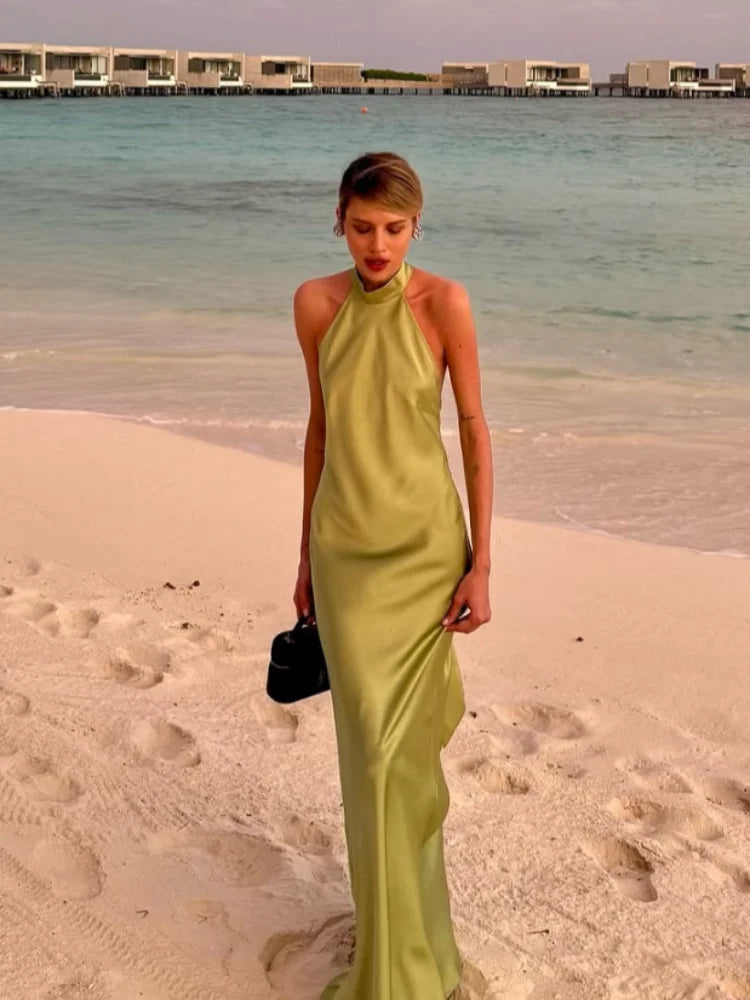 Elegant Green Satin Sleeveless Maxi Dress Chic Stand Neck Lace Up Backless Dresses New Female Summer Vacation Beach Vestido 2025