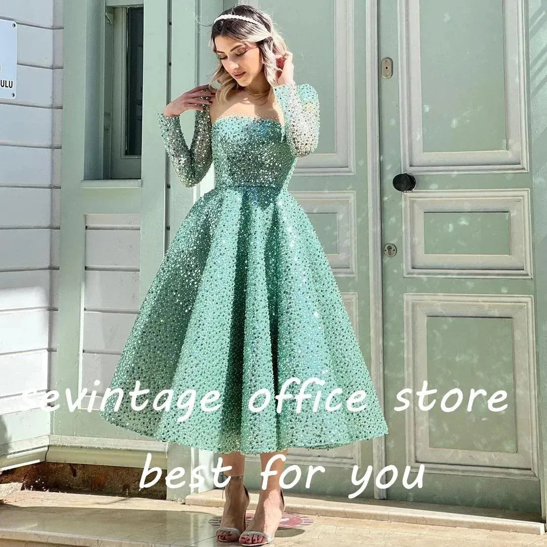Modest Turquoise Sequined Beading Pearls Prom Dresses Long Sleeves A-Line Arabic Muslim Evening Dress Engagement Gowns As Picture