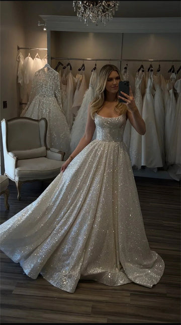 Shiny Wedding Dresses Boho Sweetheart Sequin Spaghetti Strap A-Line Princess Wedding Bridal Gown suknia slubna