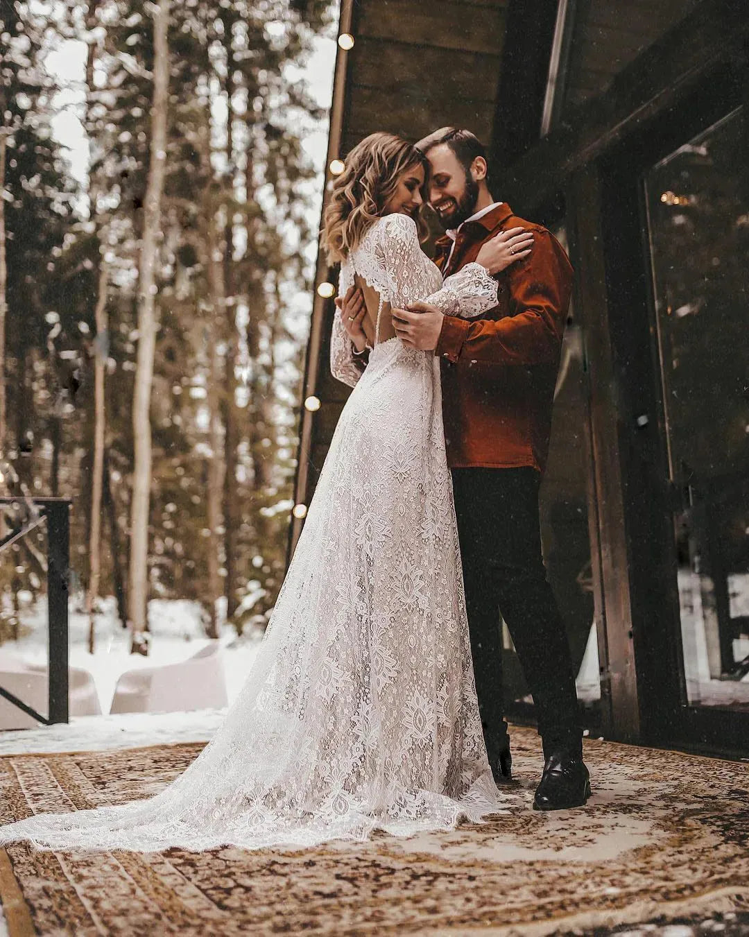 DREAM Long Sleeves Floral Lace V Neck Boho Wedding Dress Deep V Neck Open Back Modest Rustic Civil Bridal Gown Boho